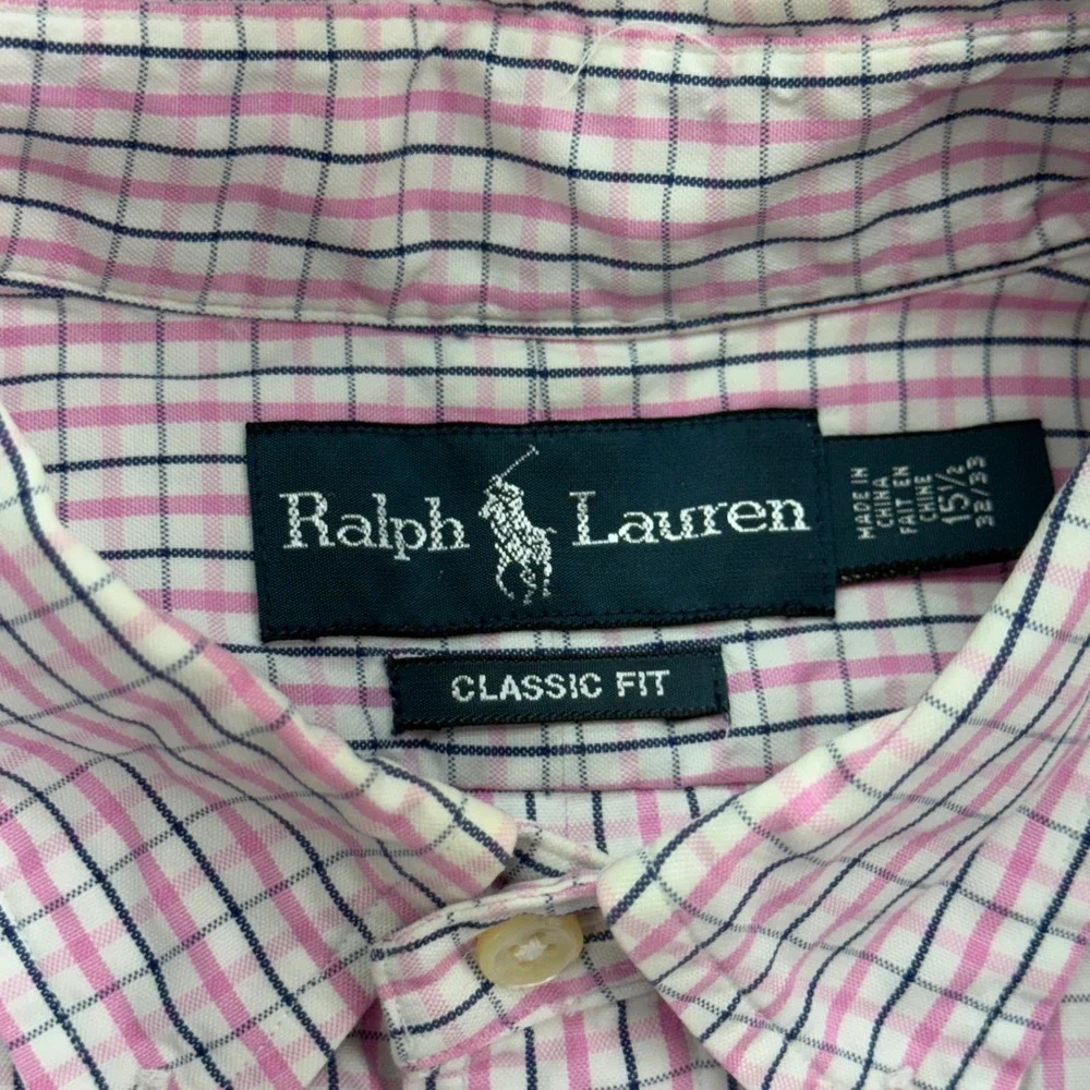Ralph Lauren Button Down Shirt Mens 15.5 Pink Blue Check Classic Fit Long Sleeve